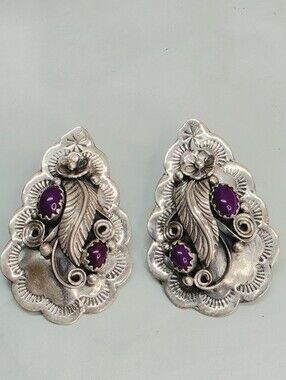 Vintage Sterling Silver Floral Earrings Purple Acrylic Cabochon Statement